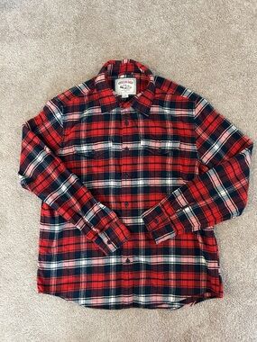 AE American Eagle Orange and Navy Plaid Button-Up Flannel Shirt
